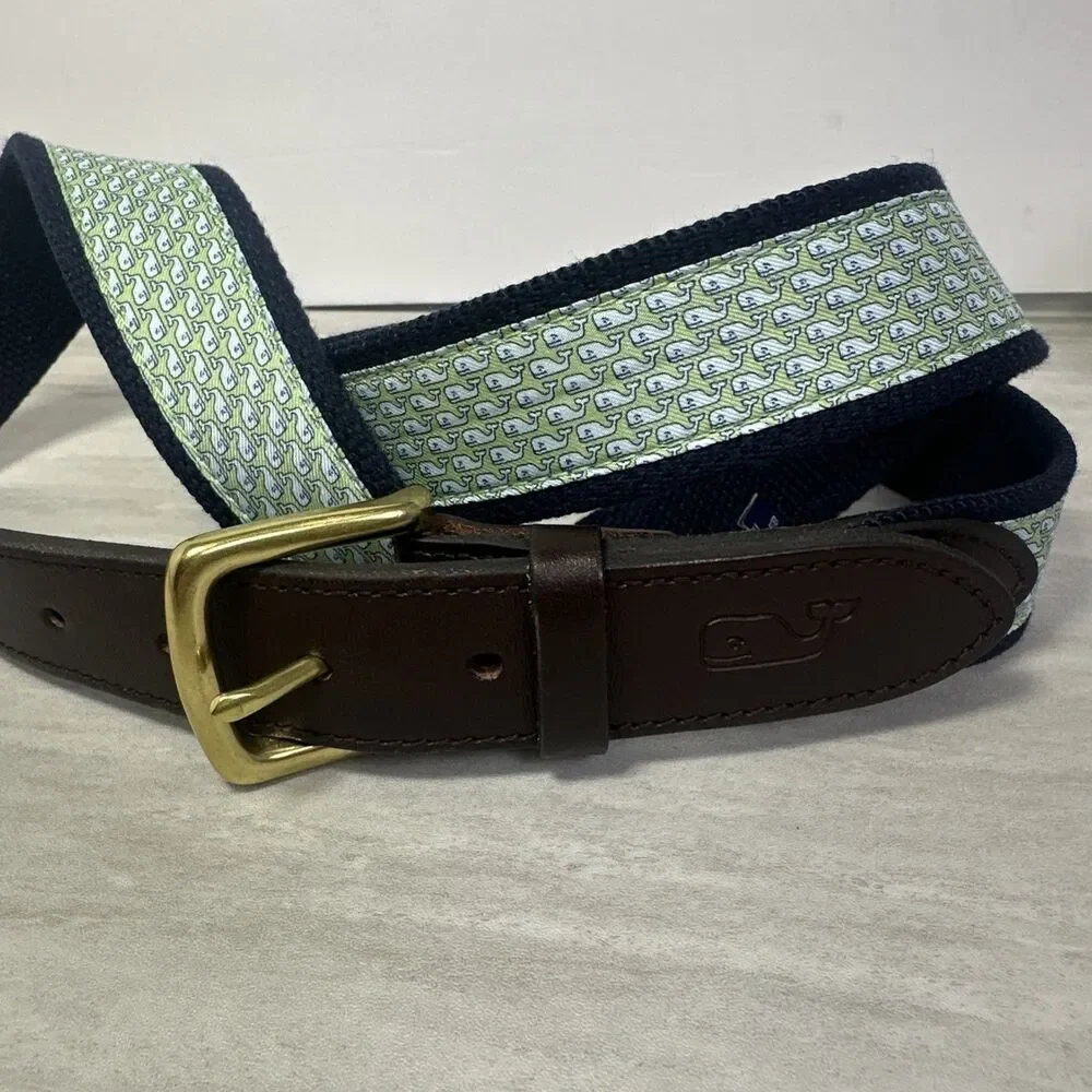 Vineyard Vines Whale Print Canvas & Leather Club Belt Navy Mens Sz 44 USA